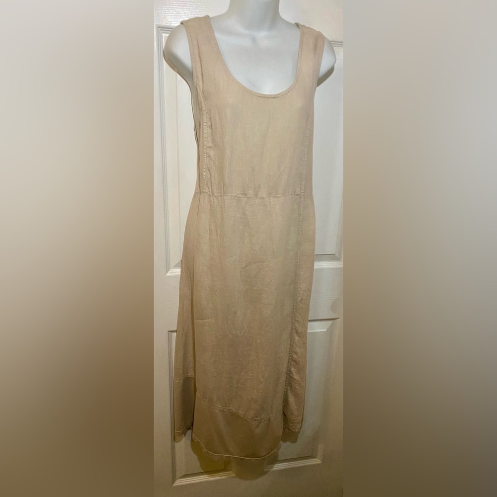 Flax Natural Linen spandex trim  long dress Light Beige. Medium